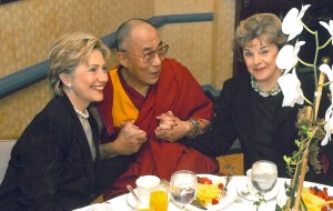 His Holiness the Dalai Lama with US Senators Hillary Clinton and Dianne Feinstein [The Willard Hotel, Washington, DC, May 2001]