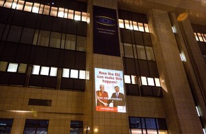 EU Council Building in Brussels illuminated by the International Campaign for TIbet