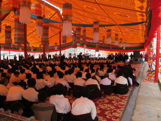 Tibetans gather under the tent in Tsoe monastery the week before the Kalachakra teachings.