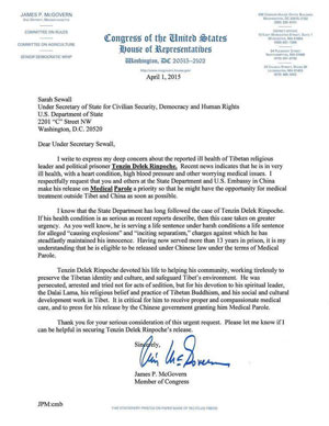 Text of the letter sent by Representative Jim McGovern to the U.S. Special Coordinator for Tibetan Issues, Under Secretary Sarah Sewall, dated April 1, 2015. (Click to view larger)