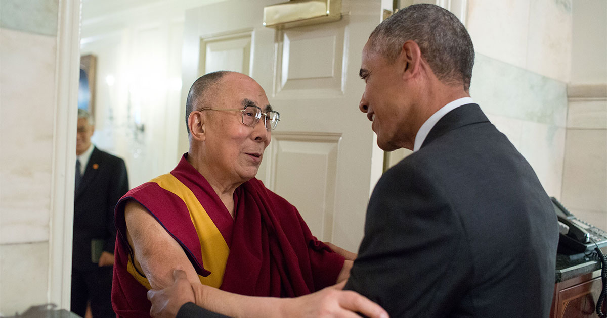 Barack Obama greets His Holiness the Dalai Lama