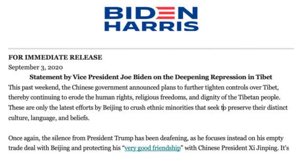 Biden campaign statement on Tibet