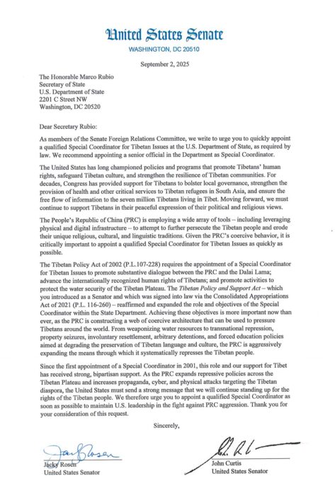 Senators call for swift selection of new Tibet coordinator